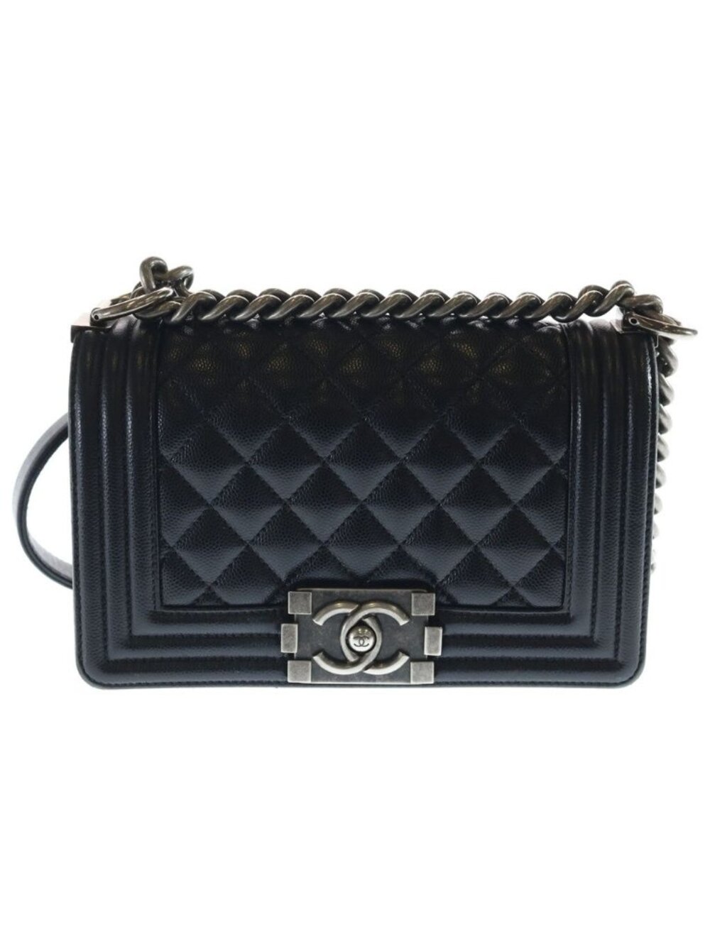 Chanel Chain Mini Shoulder Bag Black Caviar Leather Silver